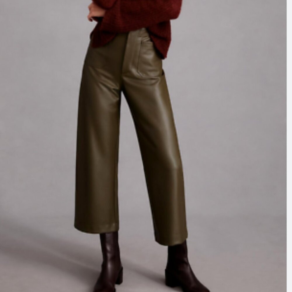Maeve Olive Cropped Wide-Leg Faux-Leather Pants